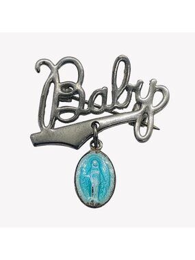 Vtg Sterling Silver Blue Enamel Miraculous Virgin Medal Silver Tone Baby Brooch